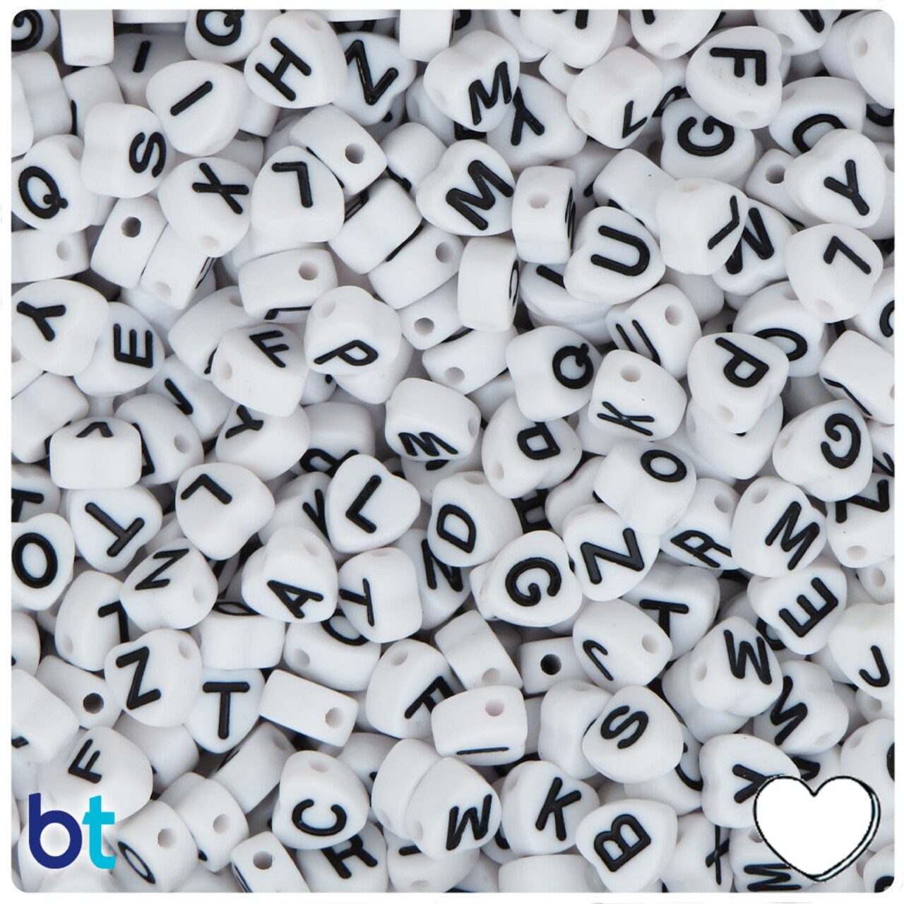 BeadTin White Opaque 7mm Heart Plastic Alpha Beads - Black Letter Mix (250pcs)